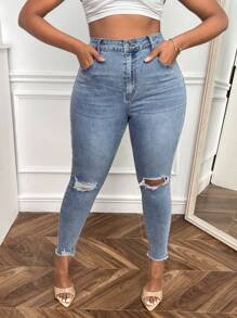 SHEIN SXY Plus Solid Ripped Raw Cut Skinny Jeans - Light Wash - View 1