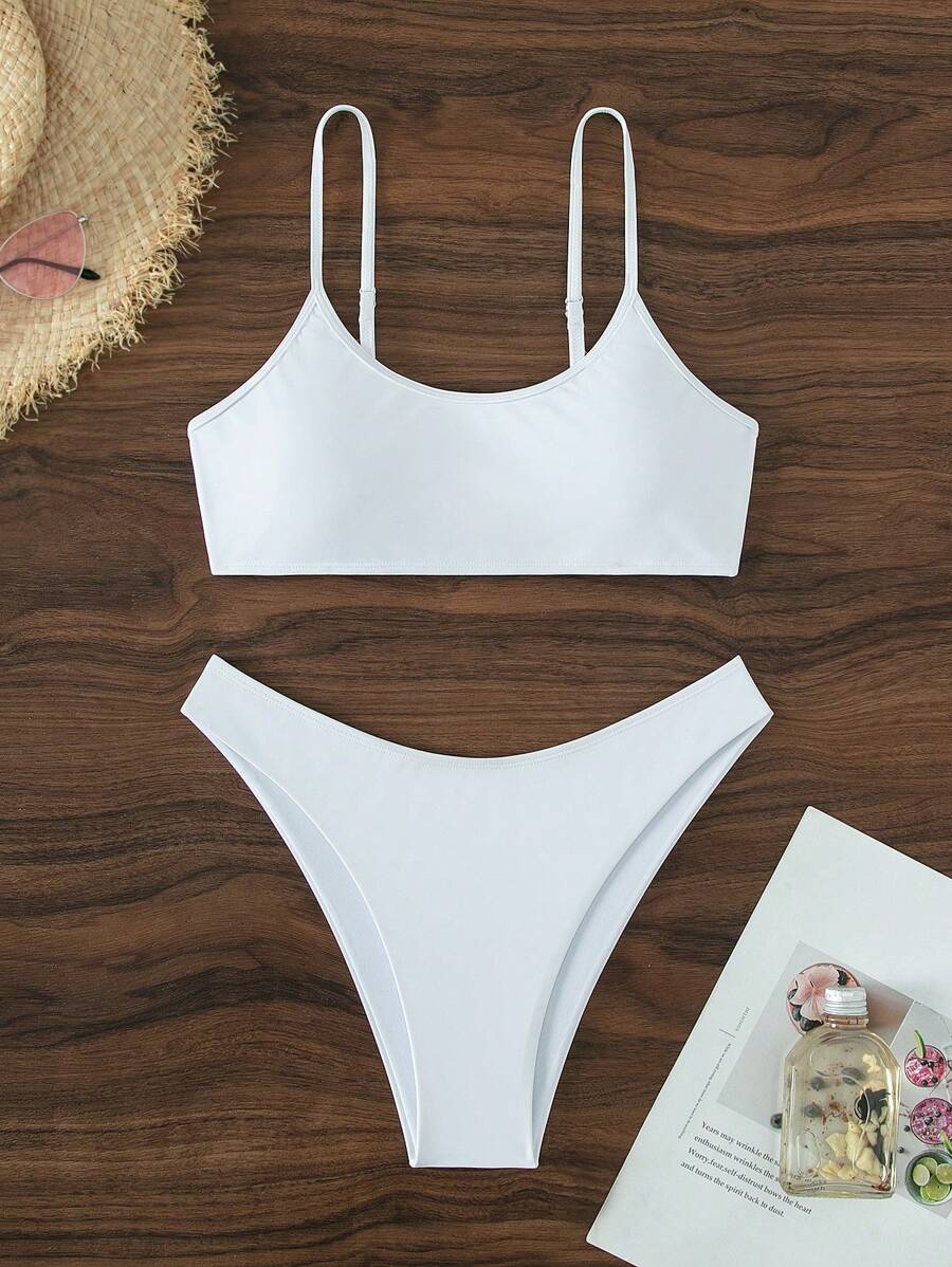 SHEIN Swim 素色高衩比基尼泳裝 - 白色 - 查看 1