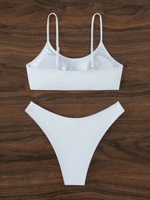SHEIN Swim 素色高衩比基尼泳裝 - 白色 - 查看 2