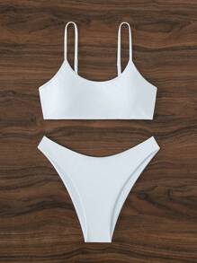 SHEIN Swim 素色高衩比基尼泳裝 - 白色 - 查看 4