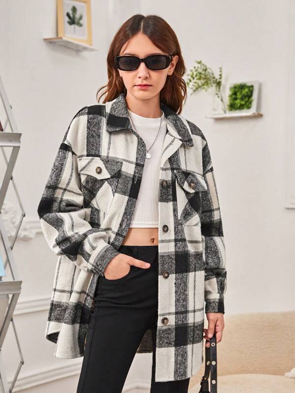 SHEIN Teenager Mädchen Mantel mit Plaid Muster, Drop Shoulder Pattentasche,