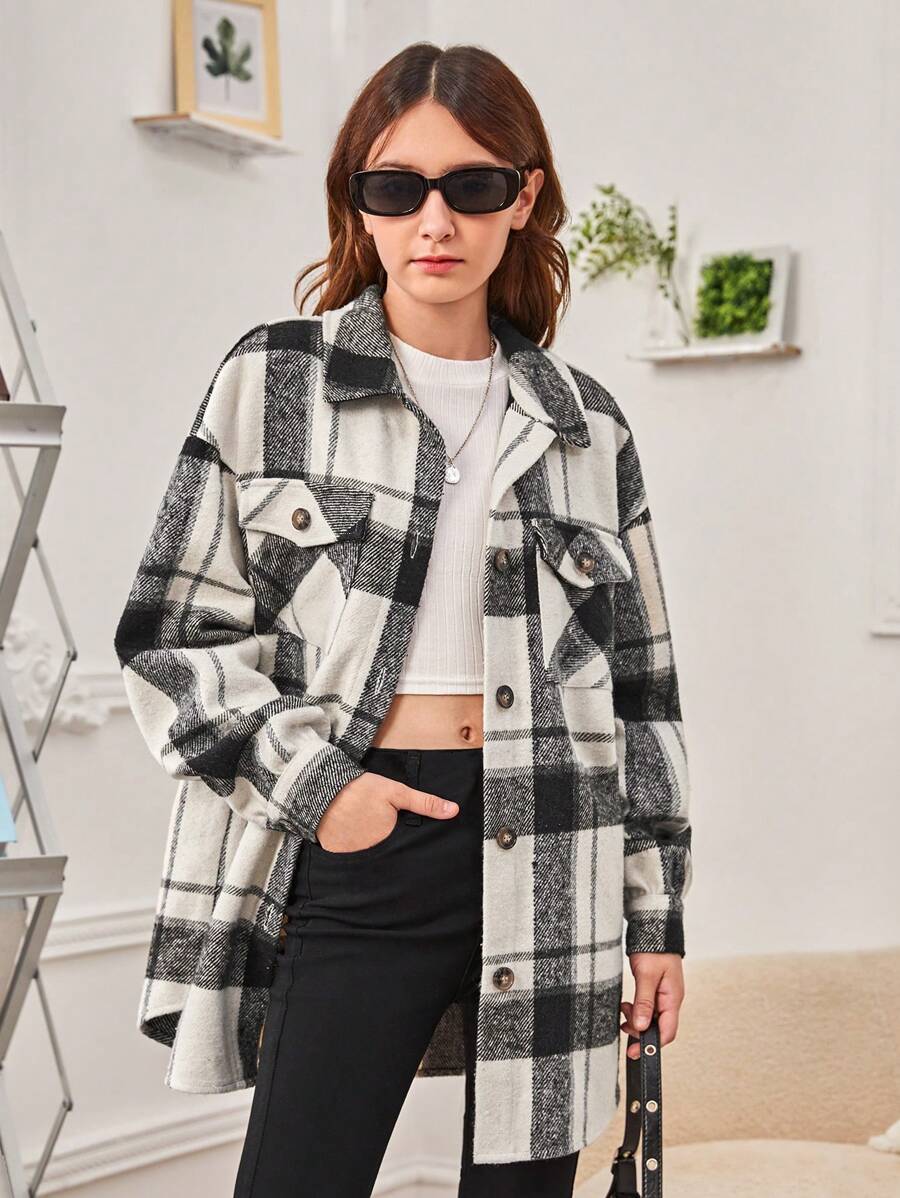 SHEIN Teen Girl Plaid Print Drop Shoulder Flap Pocket Overcoat