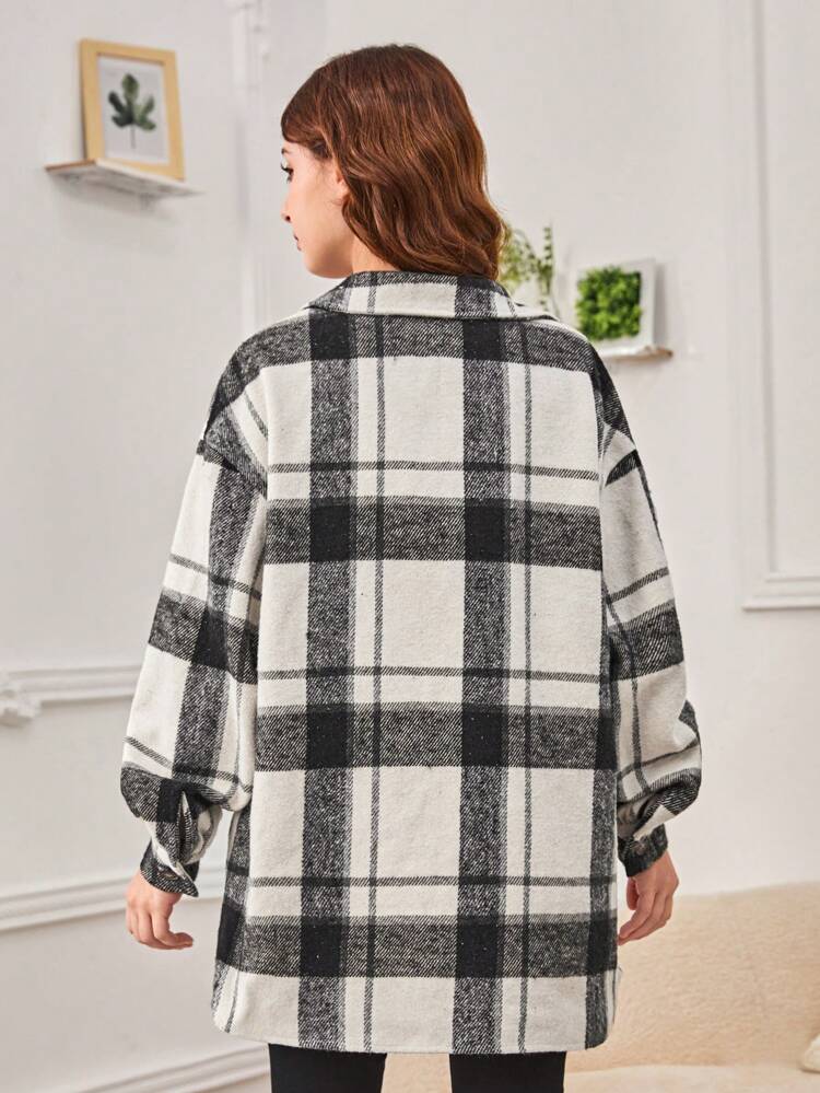 Teens' Jacquard Plaid Collar Real Pocket Wool Blend Jacket