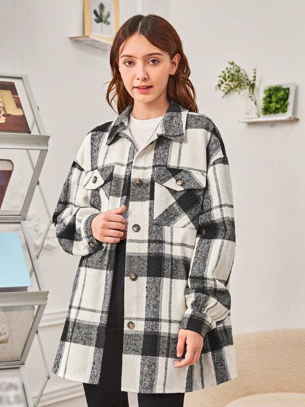 SHEIN Veste en mélange de laine à col jacquard à carreaux avec poches réelles pour adolescents