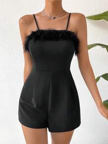 SHEIN LUNE Fuzzy Trim Cami Romper - Black - View 3