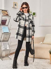 SHEIN Teen Girl Plaid Print Drop Shoulder Flap Pocket Overcoat