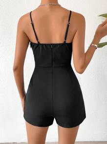 SHEIN LUNE Fuzzy Trim Cami Romper - Black - View 2