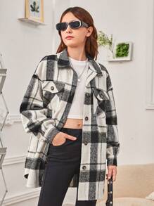 SHEIN Teen Girl Plaid Print Drop Shoulder Flap Pocket Overcoat