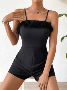 SHEIN LUNE Fuzzy Trim Cami Romper - Black - View 6