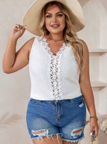 SHEIN VCAY Hơn Bảng điều khiển ren Guipure Áo không tay - trắng - Xem 1