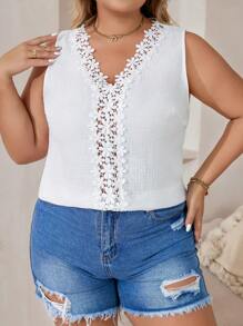 SHEIN VCAY Hơn Bảng điều khiển ren Guipure Áo không tay - trắng - Xem 3