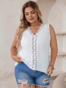 SHEIN VCAY Hơn Bảng điều khiển ren Guipure Áo không tay - trắng - Xem 4