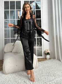 SHEIN Conjunto de pijama con encaje en contraste con cinturón de satén - Negro - Ver 7