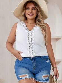 SHEIN VCAY Hơn Bảng điều khiển ren Guipure Áo không tay - trắng - Xem 5