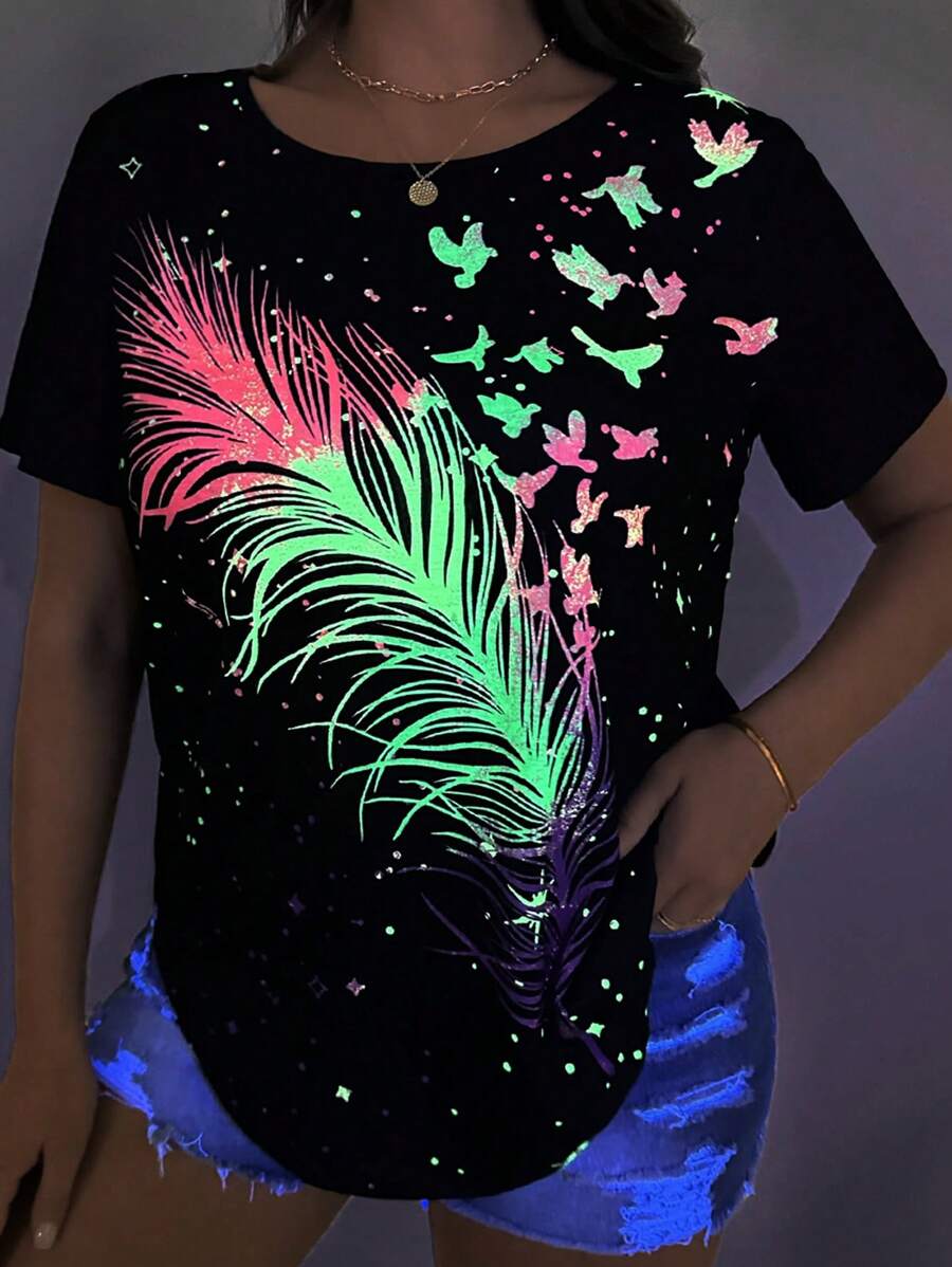 EMERY ROSE Plus 反光羽毛印花 T 恤，夏季 - 黑色 - 查看 1