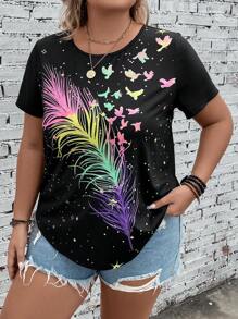 EMERY ROSE Plus 反光羽毛印花 T 恤，夏季 - 黑色 - 查看 2