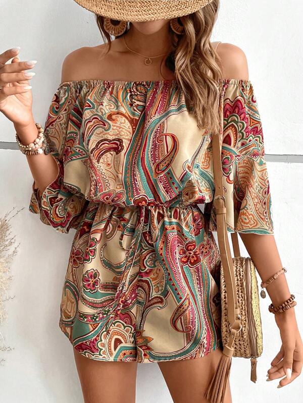 SHEIN LUNE Paisley Print Off Shoulder Knot Front Romper