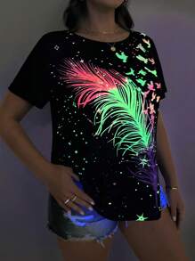 EMERY ROSE Plus 反光羽毛印花 T 恤，夏季 - 黑色 - 查看 3