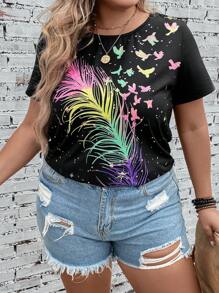 EMERY ROSE Plus 反光羽毛印花 T 恤，夏季 - 黑色 - 查看 4