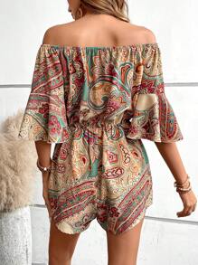 EMERY ROSE Paisley Print Off Shoulder Knot Front Romper - Apricot - View 2