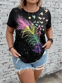 EMERY ROSE Plus 反光羽毛印花 T 恤，夏季 - 黑色 - 查看 6