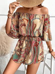 EMERY ROSE Paisley Print Off Shoulder Knot Front Romper - Apricot - View 3