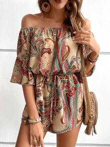 EMERY ROSE Paisley Print Off Shoulder Knot Front Romper - Apricot - View 4