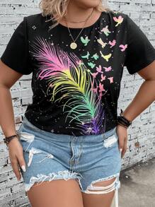 EMERY ROSE Plus 反光羽毛印花 T 恤，夏季 - 黑色 - 查看 8