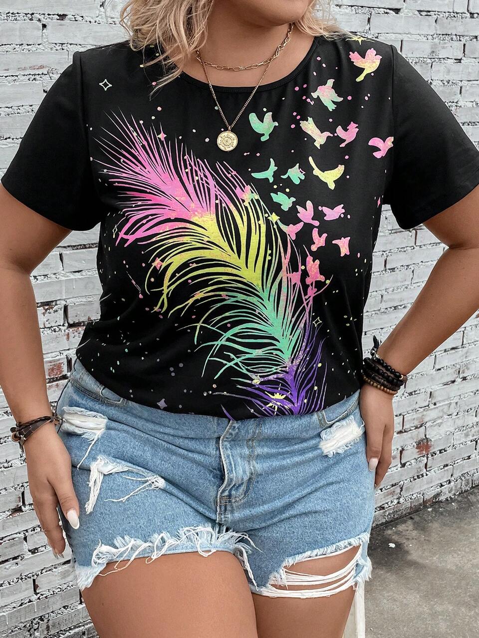 Plus Reflective Feather Print Tee, Summer