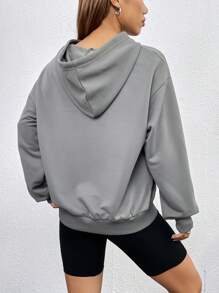 SHEIN Coolane 汽車和字母圖案落肩袖抽繩連帽衫 - 灰色 - 查看 2