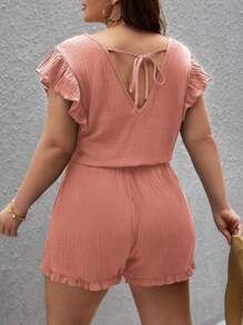 SHEIN Frenchy 大碼蕾絲拼接荷葉邊上衣和短褲 - 珊瑚粉 - 查看 2