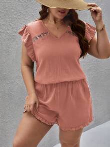 SHEIN Frenchy 大碼蕾絲拼接荷葉邊上衣和短褲 - 珊瑚粉 - 查看 4