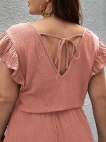 SHEIN Frenchy 大碼蕾絲拼接荷葉邊上衣和短褲 - 珊瑚粉 - 查看 5