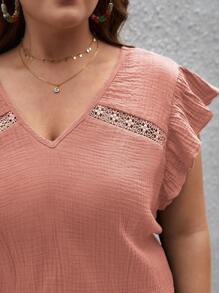 SHEIN Frenchy 大碼蕾絲拼接荷葉邊上衣和短褲 - 珊瑚粉 - 查看 6