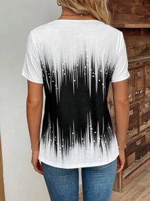 SHEIN LUNE Khối màu Cắt vỏ sò Áo thun - Đen và trắng - Xem 2