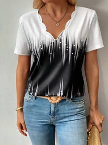 SHEIN LUNE Khối màu Cắt vỏ sò Áo thun - Đen và trắng - Xem 3