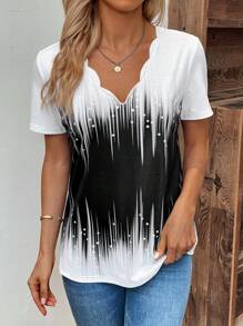 SHEIN LUNE Khối màu Cắt vỏ sò Áo thun - Đen và trắng - Xem 4