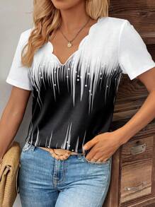 SHEIN LUNE Khối màu Cắt vỏ sò Áo thun - Đen và trắng - Xem 5