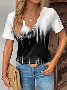 SHEIN LUNE Khối màu Cắt vỏ sò Áo thun - Đen và trắng - Xem 6