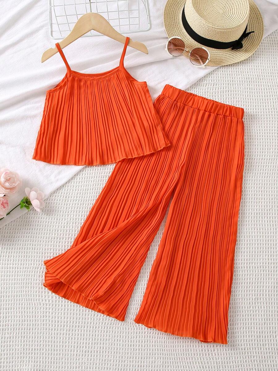 SHEIN 女小童素色百褶吊帶上衣&闊腿褲 - 橘色 - 查看 1
