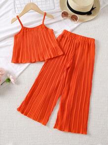 SHEIN 女小童素色百褶吊帶上衣&闊腿褲 - 橘色 - 查看 2