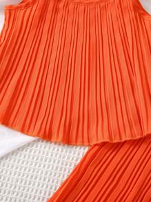 SHEIN 女小童素色百褶吊帶上衣&闊腿褲 - 橘色 - 查看 3