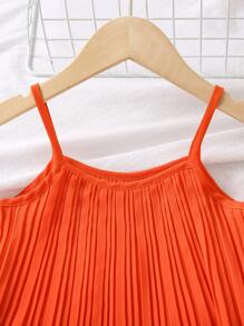 SHEIN 女小童素色百褶吊帶上衣&闊腿褲 - 橘色 - 查看 5