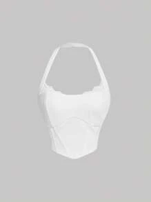 SHEIN MOD Áo khoác và áo lót dành cho xe tăng nữ Bất đối xứng Lộ Lưng Tương phản ren màu trơn Giải trí - trắng - Xem 1