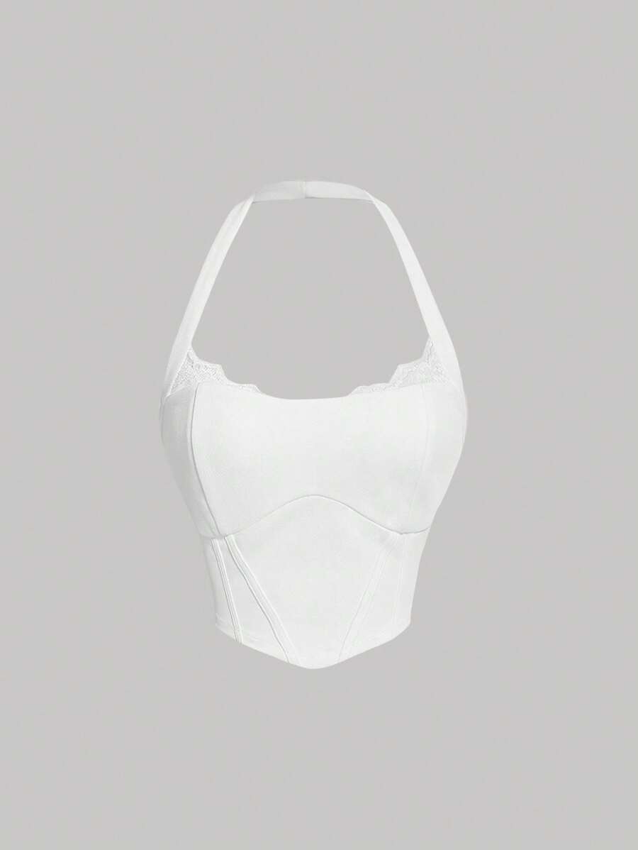 SHEIN MOD Áo khoác và áo lót dành cho xe tăng nữ Bất đối xứng Lộ Lưng Tương phản ren màu trơn Giải trí - trắng - Xem 1