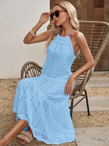 EMERY ROSE Vestido cover up con bordado con ojal bajo con fruncido halter - Azul - Ver 1