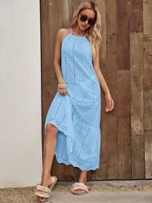 EMERY ROSE Vestido cover up con bordado con ojal bajo con fruncido halter - Azul - Ver 4