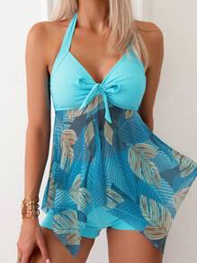 SHEIN Swim Summer Beach Tropical Print Halter Swim Dress - Mint Blue - View 1