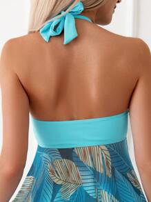 SHEIN Swim Summer Beach Tropical Print Halter Swim Dress - Mint Blue - View 5