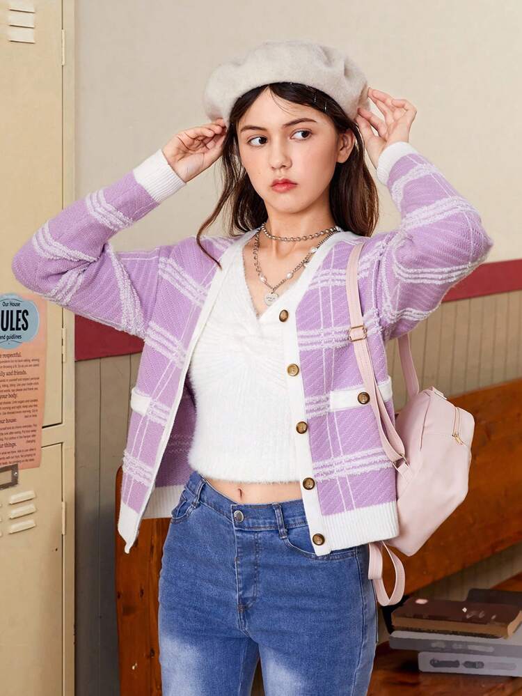 Teen Girl Plaid Pattern Button Front Cardigan